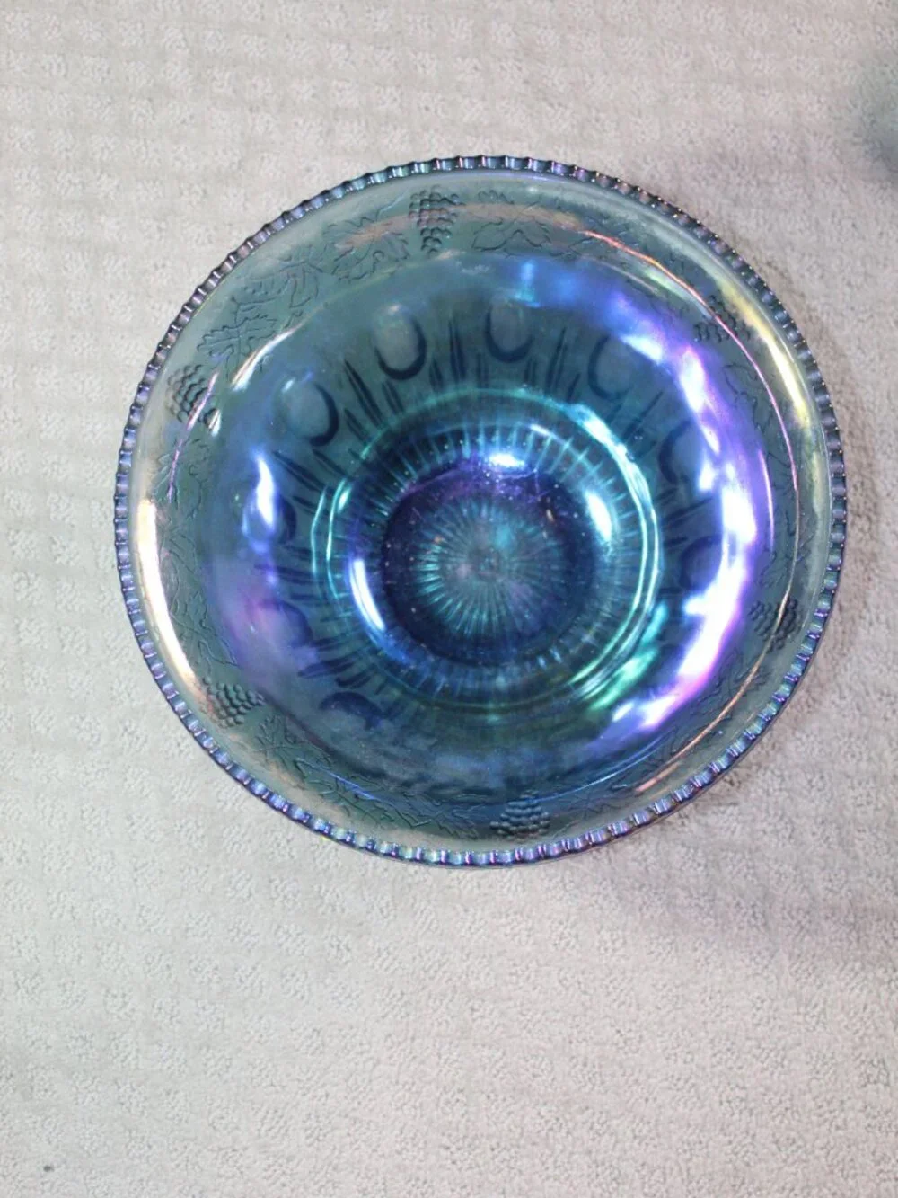 Vintage Indiana Glass Co Iridescent Blue Carnival Glass Punch Bowl & 12 Glasses